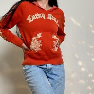 Vintage Lucky Brand Orange Hoodie with Henna Floral Embellishments Size XL